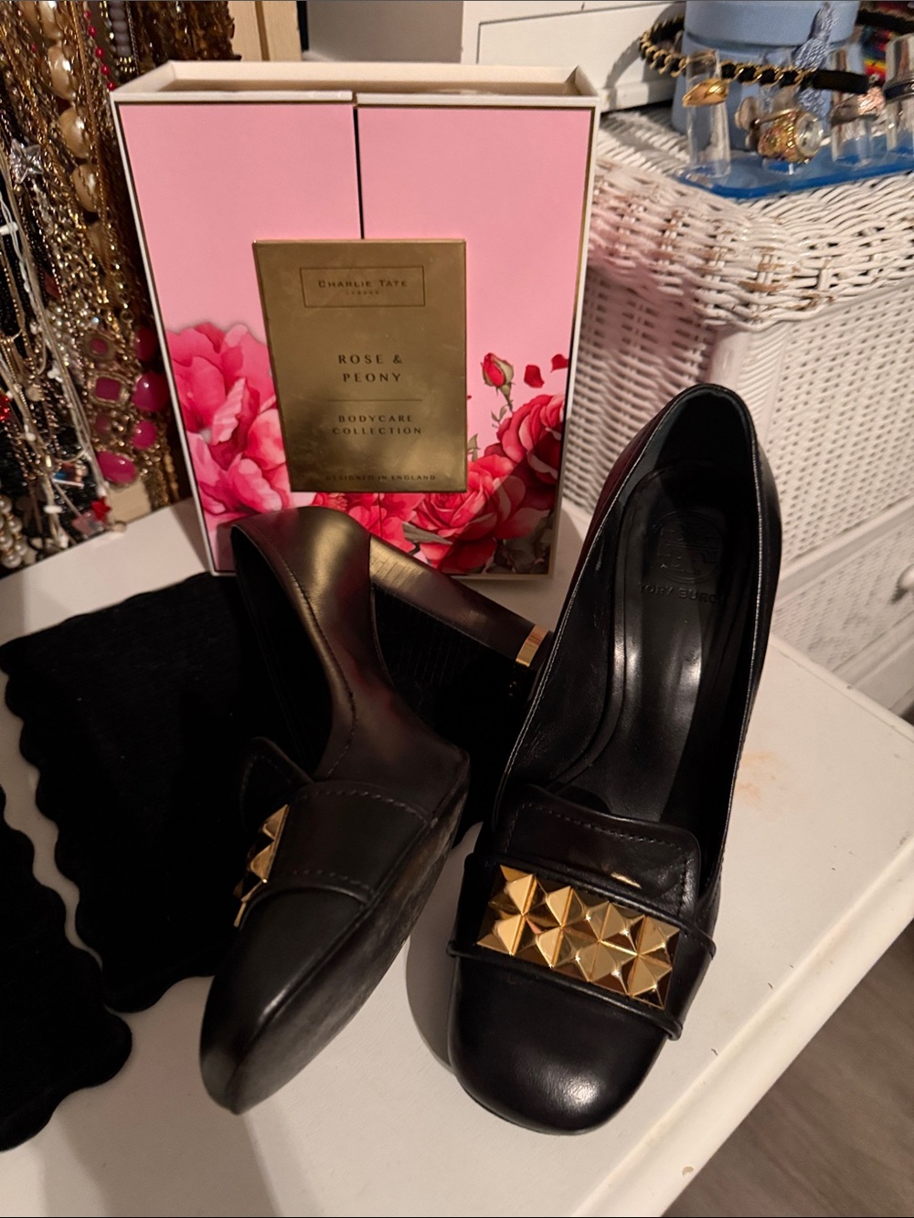 Very elegant!! Like new!Tory Burch Black Leather Heels with Gold Stud Bar